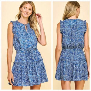 PINCH Tiered Ruffle Floral Blouse Blue & White Cap Sleeve Elastic Waist Large